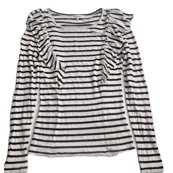 Frame Denim Tops - FRAME Linen Long Sleeve Top Ruffle Striped White Black Size S P